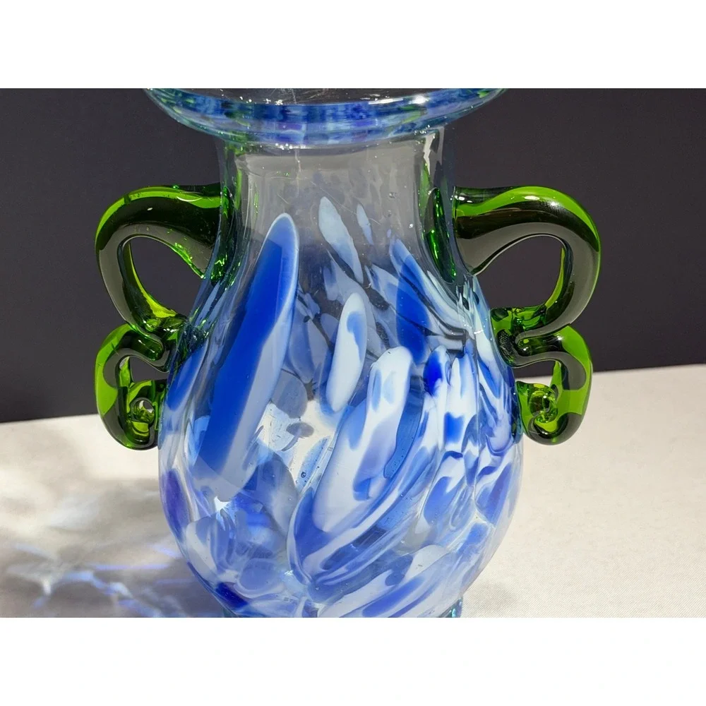 Pier 1 Imports Blue white Swirl Hand Blown Glass Vase with Green Handles